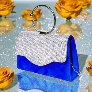 Purse Blue Suede with Rhinestones on flap and silver handle
